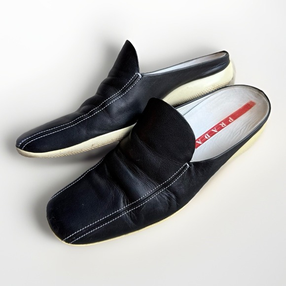Prada Nappa Leather Mules Black White Stitching Women's 36 $650 - Picture 1 of 13